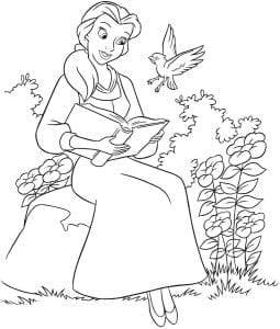 Раскраска Бэлль читает книгу в саду