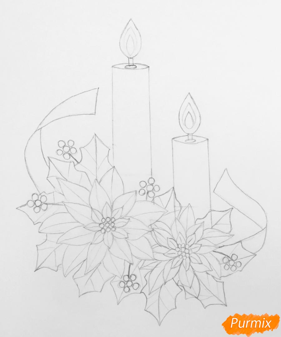 Как нарисовать две красные рождественские свечи с красными цветами и клюквой на листьях - шаг 6