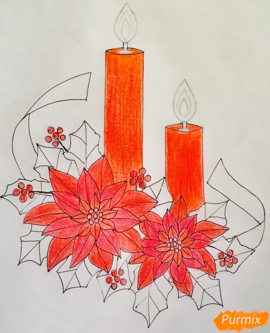 Как нарисовать две красные рождественские свечи с красными цветами и клюквой на листьях - шаг 9
